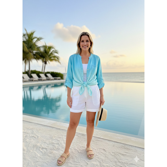 INC International Concepts Tops - INC Linen Tie-Dye Ombre Button Down v neck Shirt roll tab Crystal button Sz-16